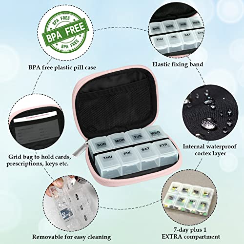 Weekly Travel Pill Organizer Cute Pill Case with 7 Day Pill Box (1 Case + 1 Box / A. Pink 01.)
