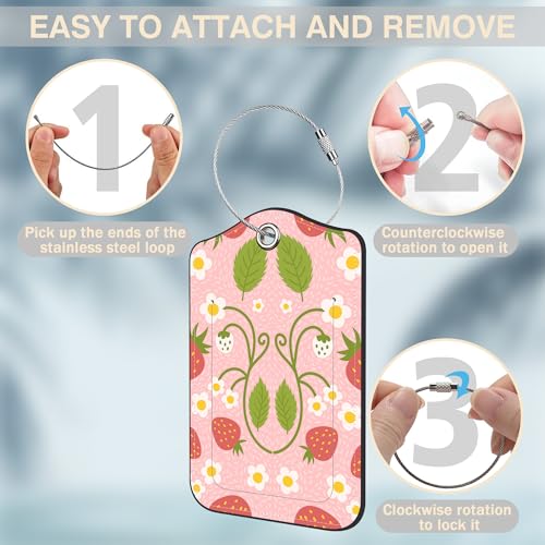 2 Pack Luggage Tags for Suitcases Strawberry and Flowers Leather Luggage Tags Privacy Cover ID Label with Stainless Steel Loop and Address Card for Women Men Travel Bag Backpack (Strawberry and Flowers)