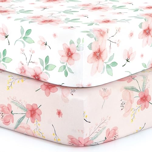 Pack n Play Stretchy Fitted Playard Sheet Set BROLEX 2 Pack Portable Mini Crib Sheets (Pink Blossom / 38X26 Inch)