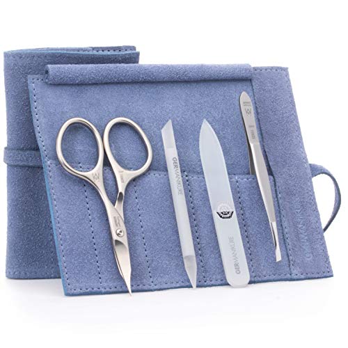 4pc Travel Manicure Kit (4-Pc: Combo Scissors, Travel File, Cuticle Stick / Light Blue Suede Roll)