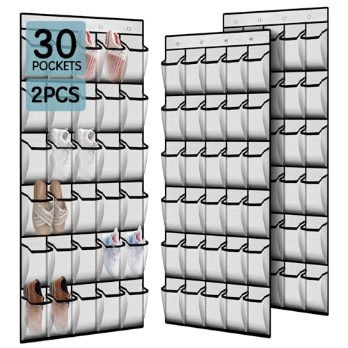 Over the Door Shoe Organizer with 30 Breathable Mesh Pockets (Snow White)