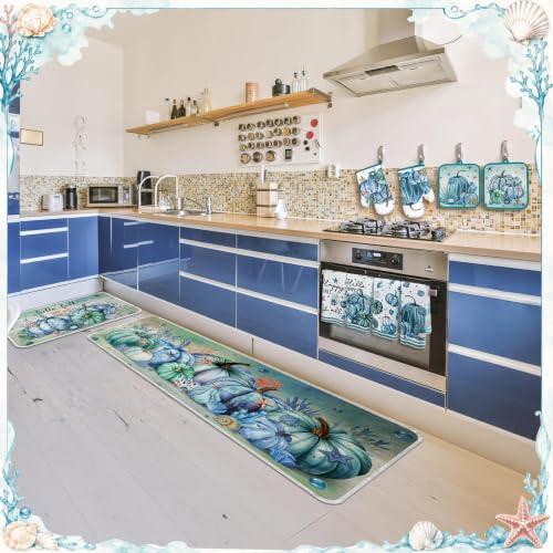 10 Pcs Fall Pumpkin Kitchen Decor Set Kitchen Towels Pot Holders Oven Mitts and Rugs Set Thanksgiving Towels for Baking Cooking BBQ Autumn Home (Navy Blue / Ocean Pumpkin)