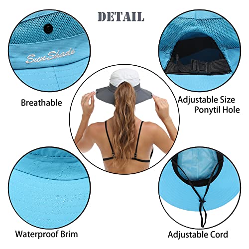 Womens Summer Sun Hat Beach Hat Wide Brim Outdoor UV Protection Hat Foldable Cool Mesh Ponytail Bucket Hat (6-7 / Pure Sky Blue)