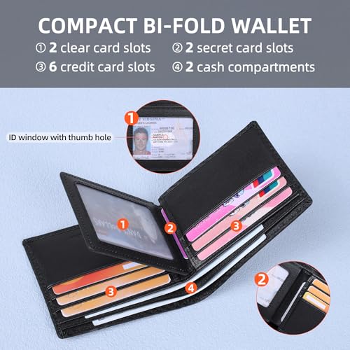 Mens Carbon Fiber Leather Bifold Wallet with 2 ID Windows (Black+Black)