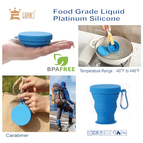 Silicone Collapsible Travel Cup Set 8 Pack Silicone Folding Camping Cup with Lids Foldable Drinking Cup Sets Portable Dishwasher Safe for Outdoor Hiking Travel Sport (8 Pack Orange-Sky Blue-Light Green-Blue)