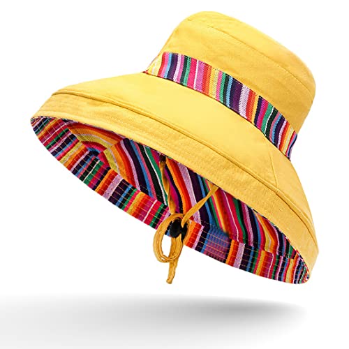 Women Summer Wide Brim Sun Hat Bucket Fishing Hats UV Protection (Medium / Qf001-yellow)