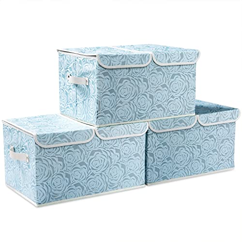 Large Stackable Storage Bins with Lids Fabric Decorative Storage Box Cubes Organizer Containers Baskets with Cover Handles Divider for Bedroom Closet Living Room 17.3x11.8x9.8 Inch 3 Pack (Blue / Double Lid/3pcs)