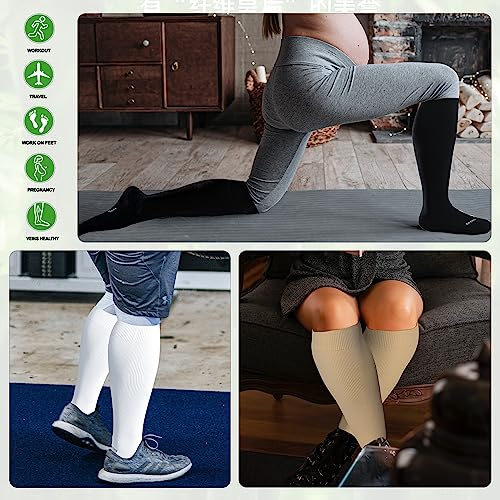 Plus Size Compression Socks for Women&Men Wide Calf 15 (3 Pair-black/White/Wheat / 4X-Large)