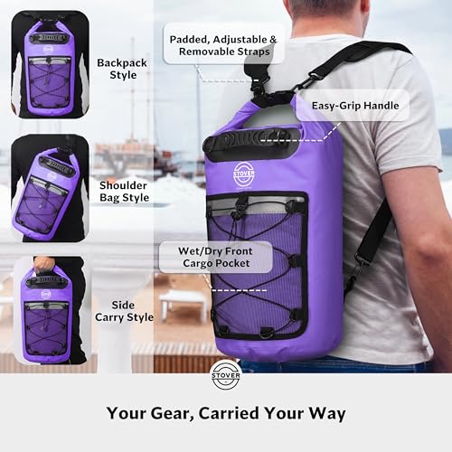 5/10/25/30/40L Waterproof Dry Bag & Phone Case - Large Floating Dry Backpack for Kayaking, Travel, Hiking, Fishing, Camping, Motorcycles & Beach, Heavy-Duty Roll Top Men/Women (Purple) (25L+ Purple / 40L)