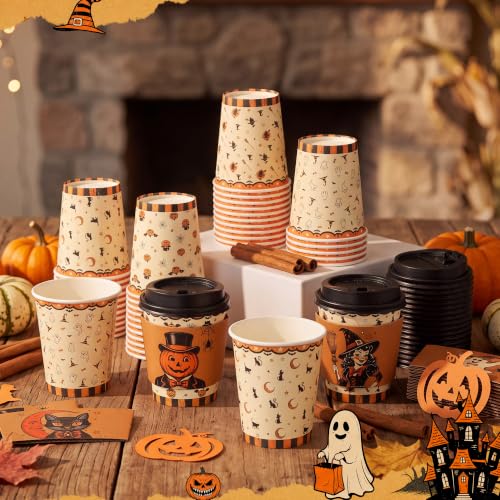 48 sets 8 oz Halloween Disposable Coffee Cups with Lids and Sleeves (Pumpkin)