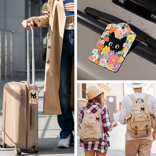 2 Pcs Colorful Cat Luggage Tags for Suitcase (Funny-cat-flowers)