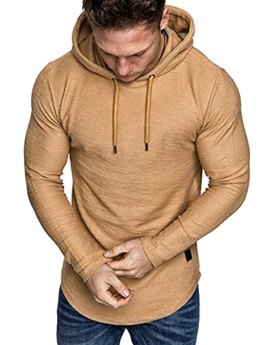Mens Fashion Athletic Hoodies Sport Sweatshirt Solid Color Fleece Pullover Khaki M (Medium / Khaki)