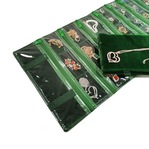 Travel Jewelry Roll Bag Portable Organizer Pouch With Grids&PVC Cover Storage Bags for Necklace (Blackish Green Velvet 29 Grids)