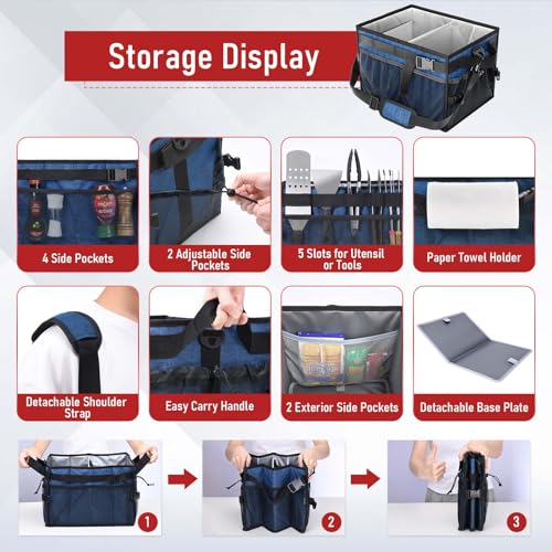 Grill Caddy Foldable BBQ Caddy with Paper Towel Holder (Navy)
