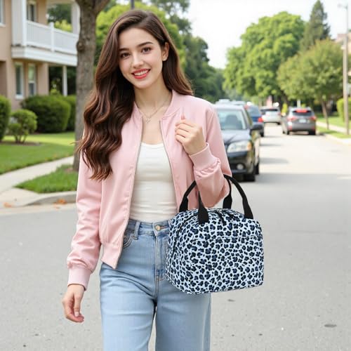Lunch Bag for Women Men Cute Corduroy Lunch Tote Bags Reusable Insulated Lunch Box Large Capacity Reusable Insulated Cooler for Work Picnic or Travel (Blue Leopard / 10L)