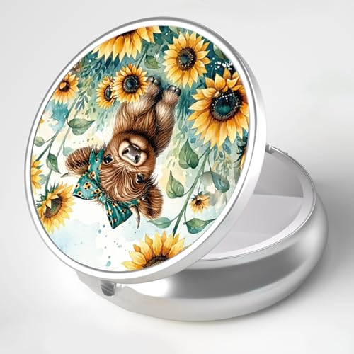 Pill Box 3 Compartment Portable Travel Medicine Box with Mirror (Calf and Sunflower)
