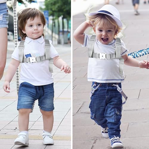 Toddler Harness Leash + Reflective Anti Lost Wrist Link (Blue/Car & Excavator)