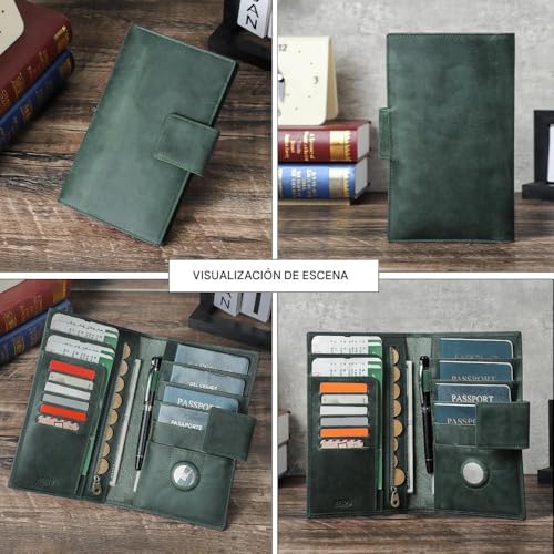 Full Grain Leather RFID Blocking Family Passport Holder for 4 Passport Wallet Compatible with Airtag Travel Passport Cover with 4 Passport Slot (Dark Green)