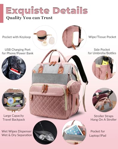 Diaper Bag with Changing Station (Pink Grey)