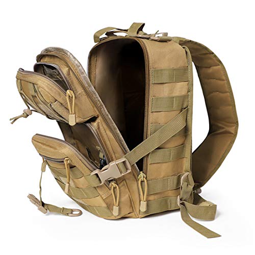 Tactical Sling Bag Pack Military Assault Rucksack Shoulder Bag Backpack Chest Pack Handbag Waterproof for Travel School Hiking Camping Trekking Exploring Fishing Hunting (Khaki)