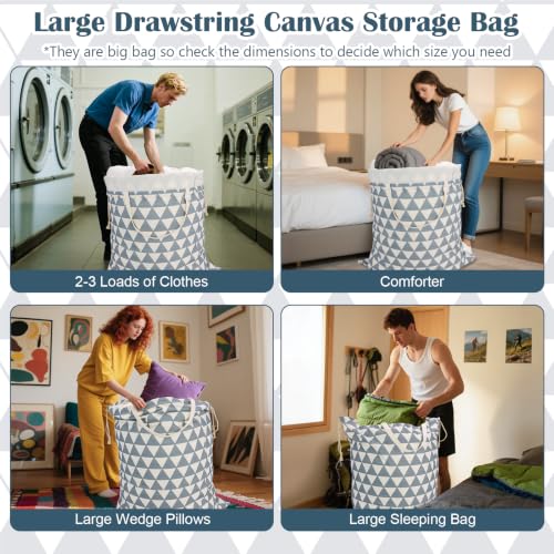 Canvas Laundry Bag with Handles & Drawstring 30"Wx35"H (Gray Triangle L+ / L+ 30"Wx 35"H┃1 Pack)