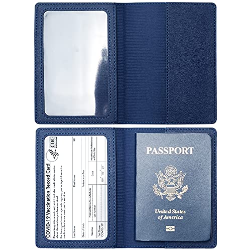 2 Pack Passport covers and Vaccine Card Holder PU Leather Passport Wallet Vaccine Case Protector Slot Travel Passport Wallets for Women & Men (Blue)