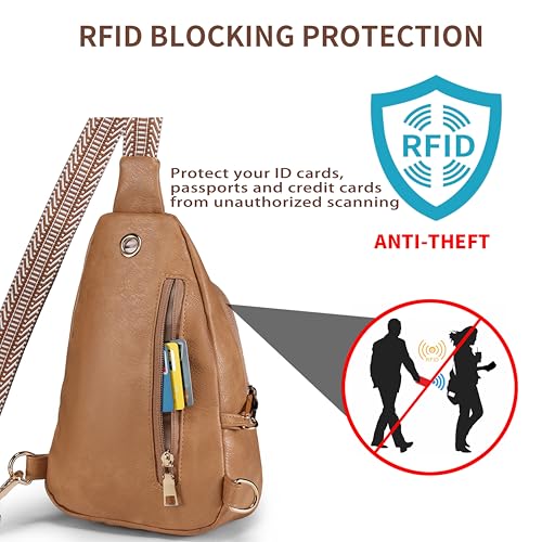 Crossbody Bags for Women Anti Theft Small Sling Handbag with Zipper Lock Vegan Leather RFID Blocking Chest Pure (Light Brown)