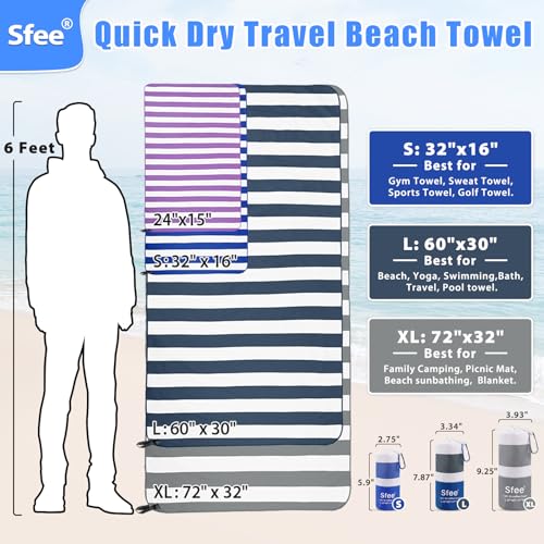 2 in 1 Microfiber Beach Towel (L 60"x30"+24"x15" / Purple Stripe)