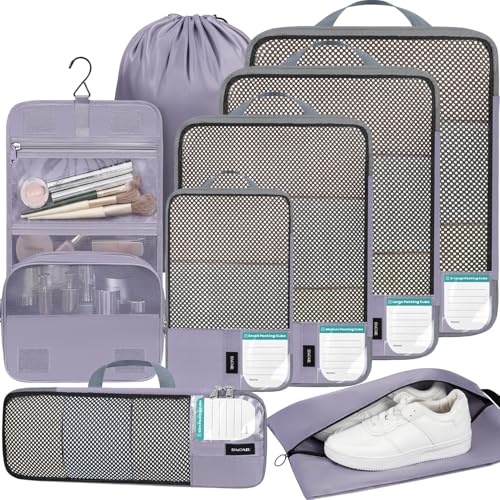 4 Set/6 Set/8 Set Compression Packing Cubes Travel Accessories Expandable Packing Organizers(HalfMesh,8-Dusty Purple) (8-Dusty Purple / Half Mesh)