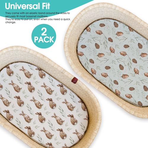 Stretch Fitted Bassinet Sheet Set BROLEX 2 Pack Cradle Sheets for Bassinet Pad (Bunny Nuts / 32x16 Inch)