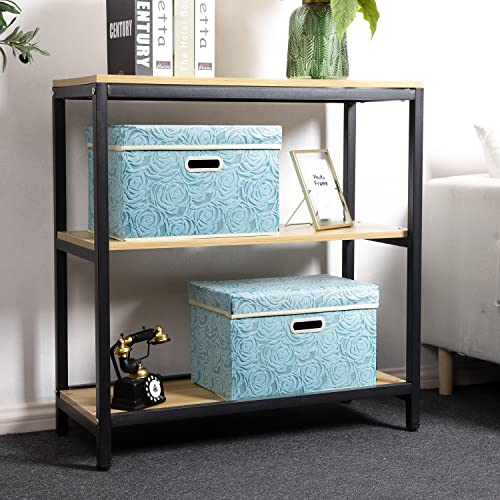 Collapsible Storage Cubes with Lids Fabric Decorative Storage Bins Boxes Organizer Containers Baskets with Cover Handles for Bedroom Closet Living Room 14.9x9.8x9.8 Inch 3 Pack (Blue / Medium(3-Pack))