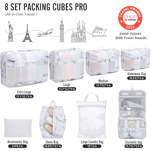 8 Set Packing Cubes for Travel Essentials (14 White Marble)
