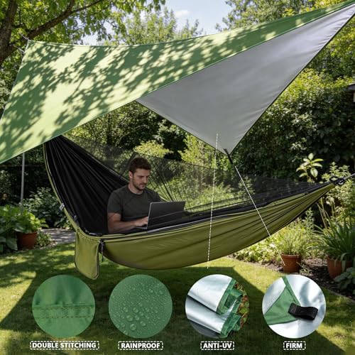 Camping Hammock with Rain Fly Tarp Mosquito Net Heavy Duty Tree Straps Portable Double Parachute Hammock Tent Waterproof Rainfly Set 660lbs Maximum Weight (Rain Fly Size：98.4x59in / Armygreen)