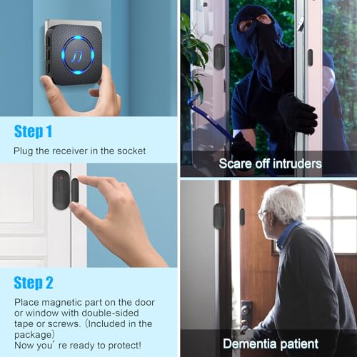 Door Chime Alarm When Open for Kids Safety (Black 4 Sensors +2 Receiver)