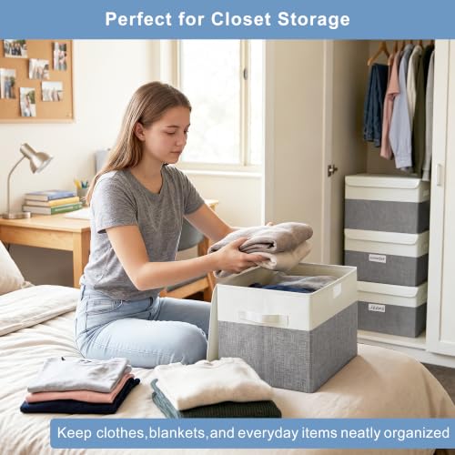 Large 22 Quart Linen Fabric Foldable Storage Bin Cube Organizer Basket with Flip (Gray & White / Medium - 4 Pack)