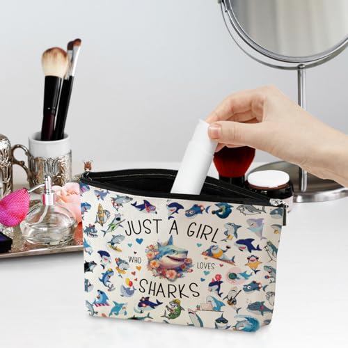 A Girl Loves Sharks Shark Gifts Shark Stuff Sharks Decor Cosmetic Bag travel Makeup Bag Gifts for Women Coworker Teens Bestie Best Friend Birthday Easter Anniversary Graduation Christmas Nurse Day (Girl Sharks 1197)