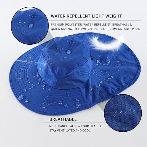 Outdoor UPF50+ Sun Hat Wide Brim Mesh Fishing Hat with Neck Flap (Large-X-Large / Bright Blue)