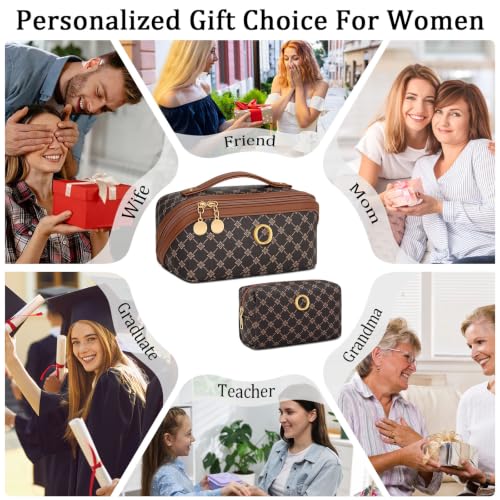 Initial Makeup Bag Personalized Gift for Women Teen Girls (Coffee / O)
