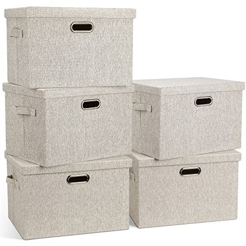 Storage Bins with Lids Fabric Closet Organizers Cubes Office Organization (Beige / Large -5 Pack)