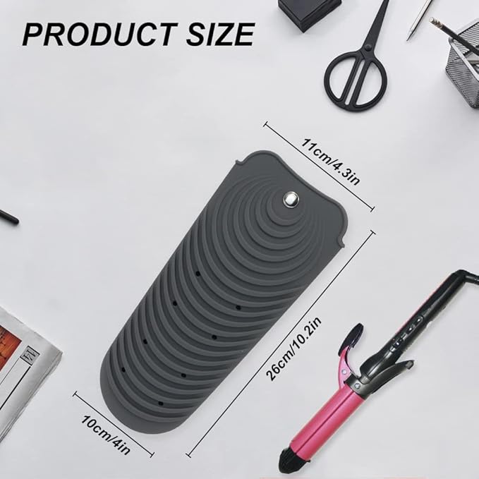 Heat Insulating Silicone Mat Pouch for Hair Straightener, Anti-Slip Travel Pad Cover for Curling & Flat Iron, Portable Styling Heat Mat Holder for Curler Wand and Hot Waver (Dark Gray)