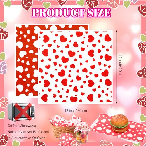 100 Pcs Valentine's Day Wax Paper Sheets for Food Wrapping (Red, White / Valentine's Stylish)