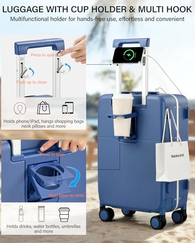 20 Inch Top Opening Carry On Luggage with Cup Holder and USB Ports (Interstellar Blue / 20 Inch Pro)