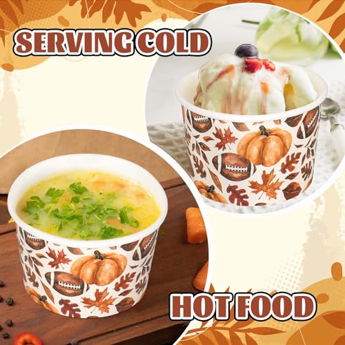 50Pcs Fall Snack Cups Football Pumpkin Maple Leaves Disposable Paper Bowls Autumn Decorative Ice Cream Dessert Soup Bowls for Thanksgiving Party Supplies Hot Cold Drinks