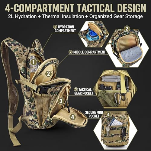 Camo Hydration Backpack with 2L Water Bladder Tactical Molle Water Backpack for Men Women Hydration Pack for Hiking Running Climbing (Woodland Digital Camo)