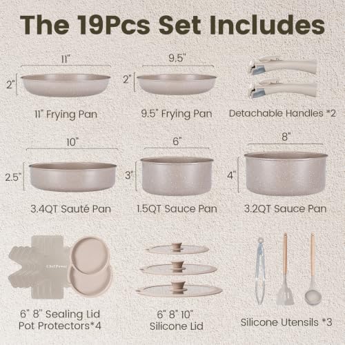 Ceramic Nonstick Pots and Pans Set 19 Piece with Detachable Handle (Mocca Taupe)