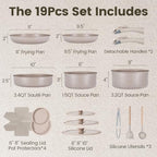 Ceramic Nonstick Pots and Pans Set 19 Piece with Detachable Handle (Mocca Taupe)