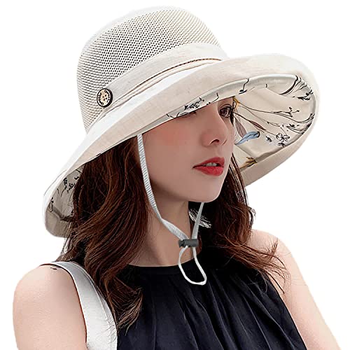 Women Mesh Crown Wide Brim Sun Hats Floppy Summer UV Protection UPF Hat for Beach Hiking Garden Travel Lawn Work Chin Strap (One Size / A1-m9163-beige)