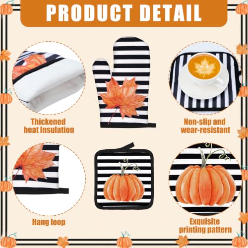10 Pcs Fall Pumpkin Kitchen Decor Set Kitchen Towels Pot Holders Oven Mitts and Rugs Set Thanksgiving Towels for Baking Cooking BBQ Autumn Home (Black, White, Orange / Stripe Pumpkins)