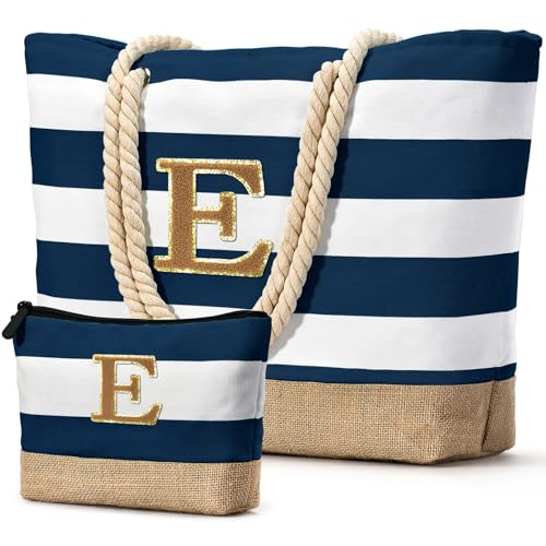 Beach Bag Initial Beach Tote with Makeup Bag for Travel (Dark Blue 2 Pcs)