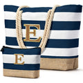 Beach Bag Initial Beach Tote with Makeup Bag for Travel (Dark Blue 2 Pcs)